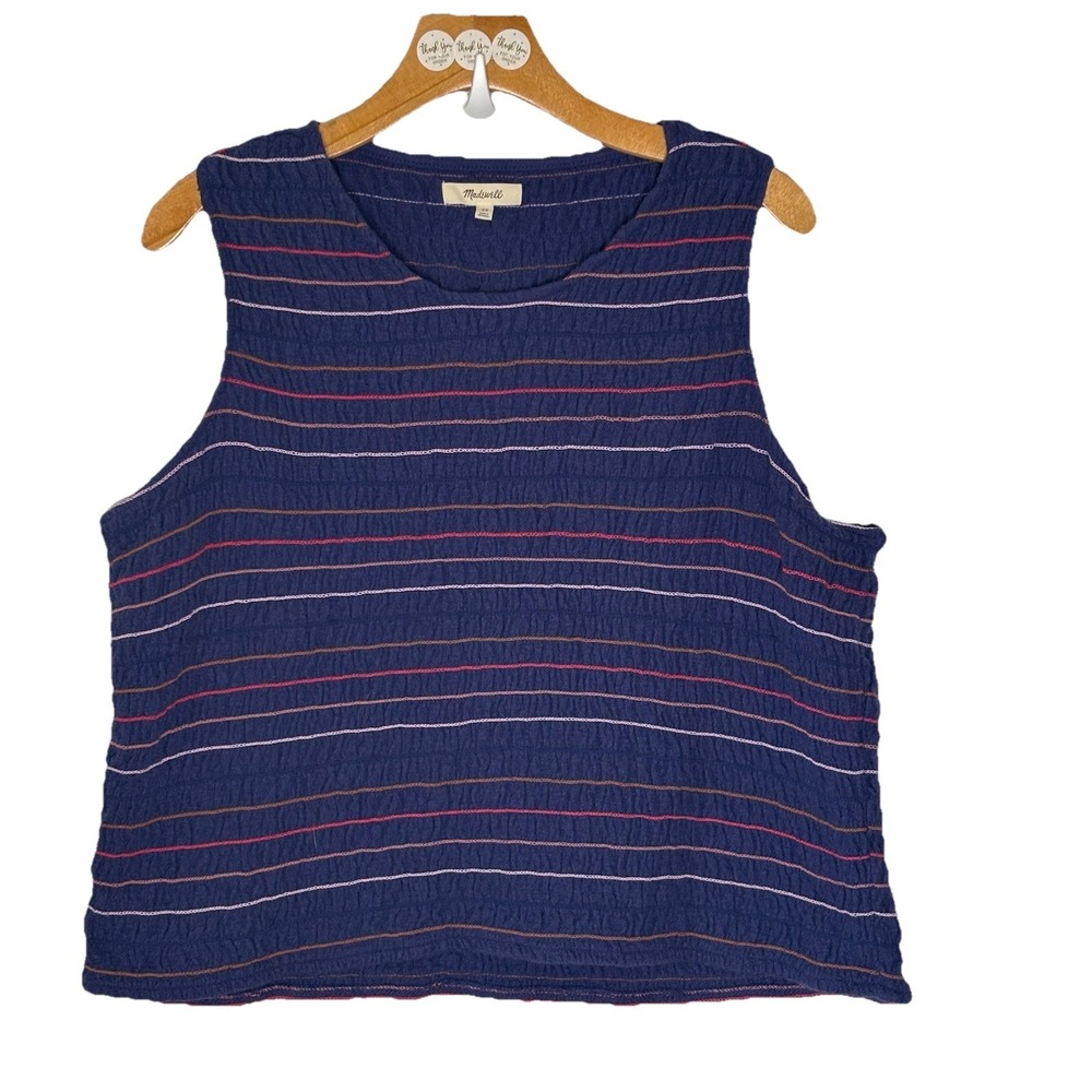 Madewell Navy Smocked Tank Top Crop 3X Blue Stripes Sleeveless Festival Boho